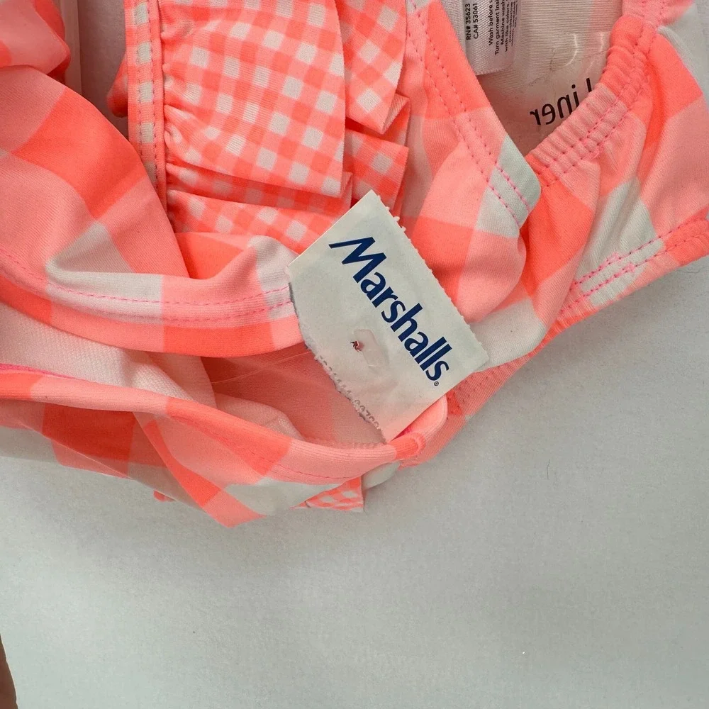 Carter's 2 Piece‎ Swimsuit Set Girls 6M Neon Pink White Gingham Ruffle Beach NWT